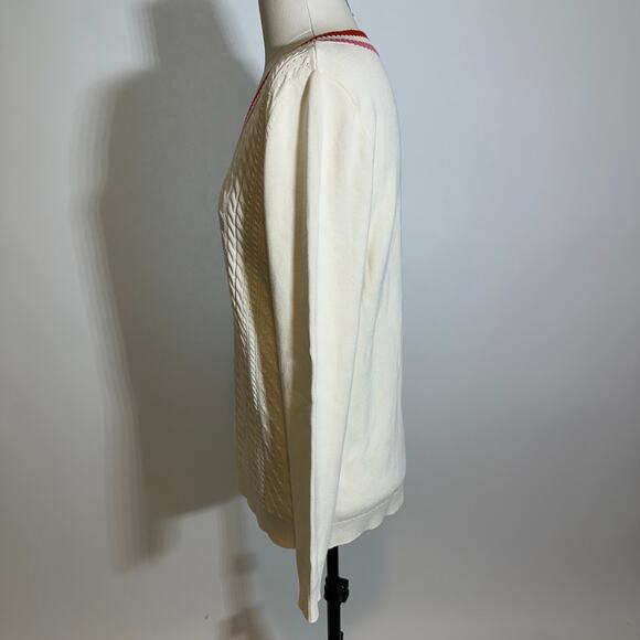 Talbots Ivory Pink Red Cable Knit Pointelle V-Neck Sweater Womens Size Small S - Picture 5 of 10